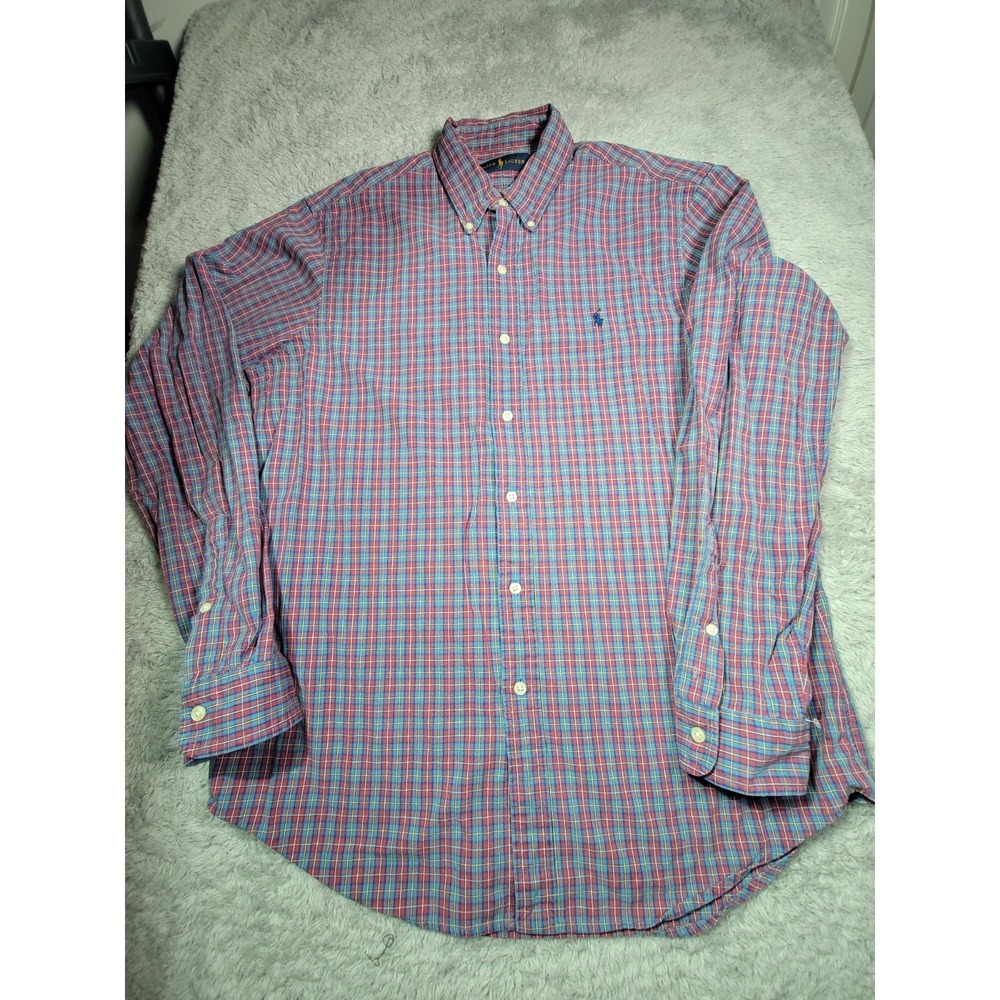 Polo Ralph Lauren Long Sleeve Men's Shirt Red Blue Plaid Classic Fit Large